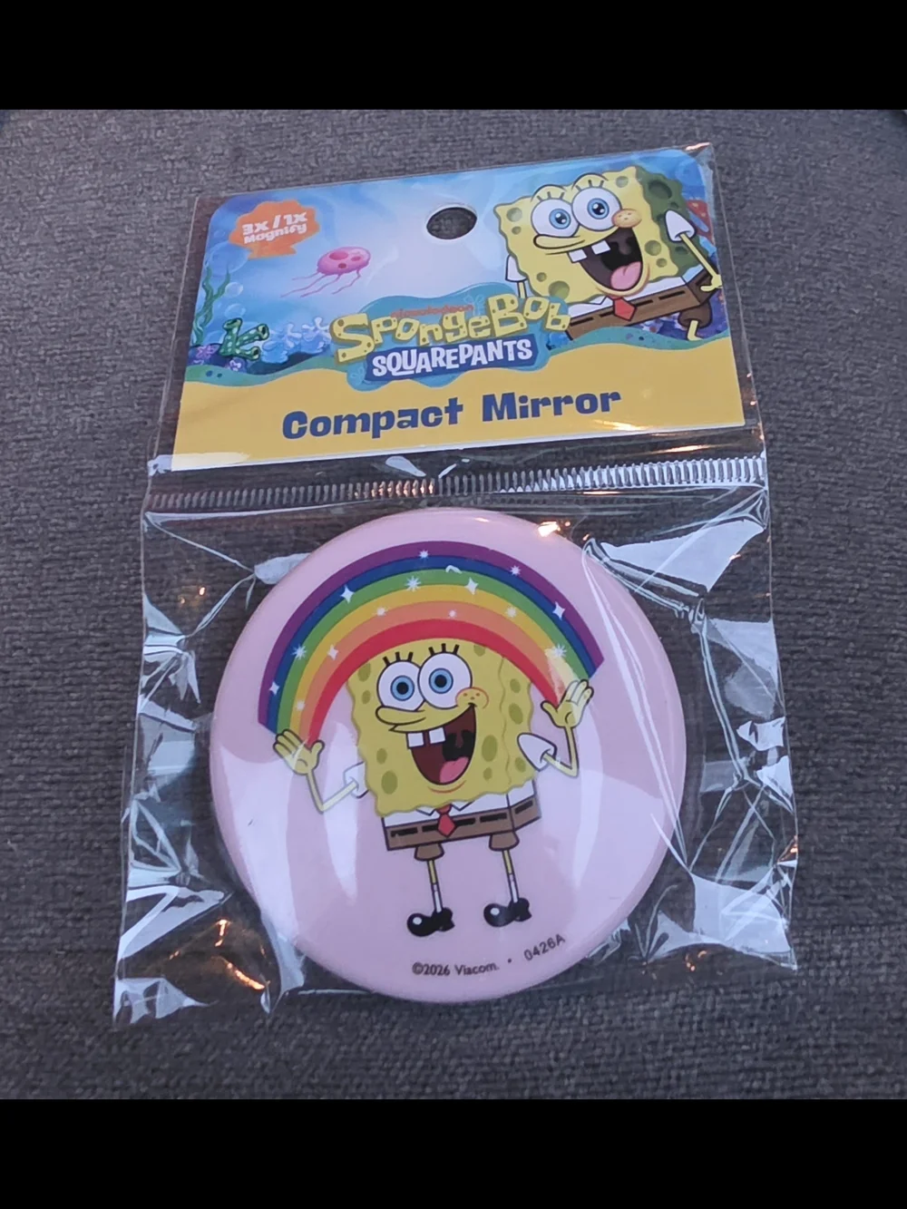SpongeBob SquarePants Pink Compact Mirror with Rainbow Graphic - Magnifying BNIB